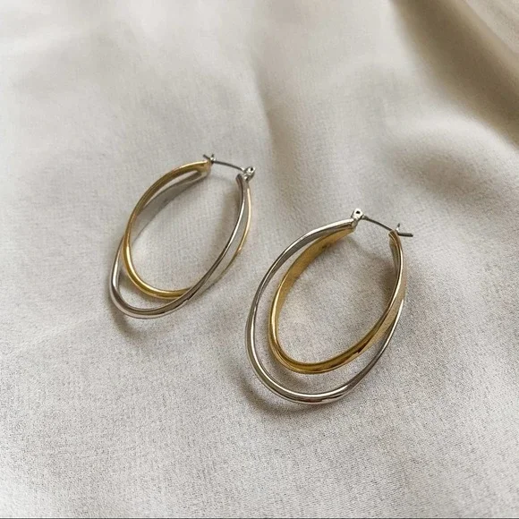 VTG Silver Gold Twist Oval Double Hoop Earrings - Picture 1 of 5